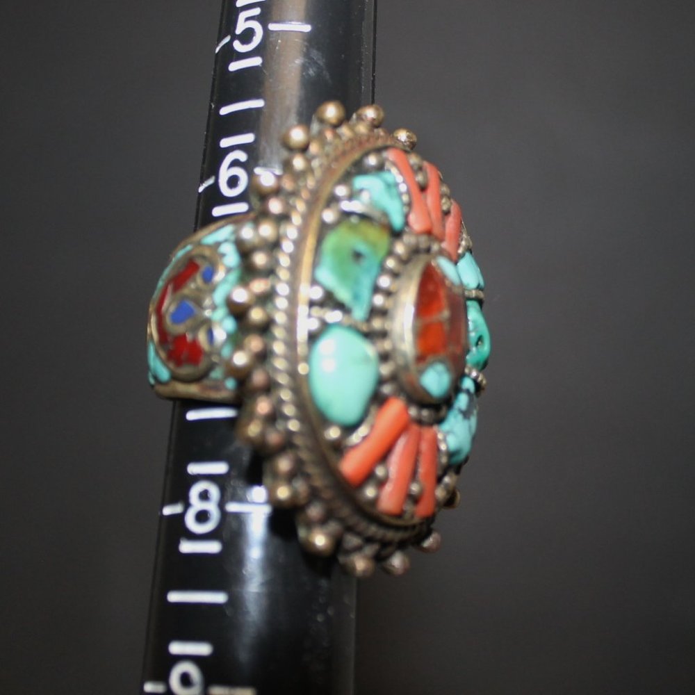Heavy 925 Zuni Navajo Spiny Oyster Coral Turquoise Cinnabar Native American Ring - Picture 9 of 12